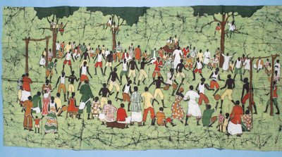 Afrikansk batik, illustration och fotbollsmatch med åskådare som tittar på (textil) av English School
