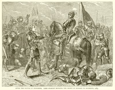 Efter slaget vid Bosworth. Lord Stanley förde Richards krona till Richmond, 1483 av English School