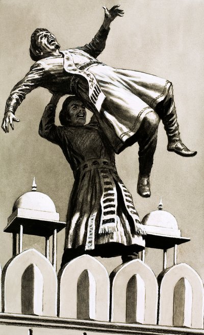 Akbar, kung av Hindustan, kastade mördaren Adham Khan från toppen av palatset (gouache på papper) av English School