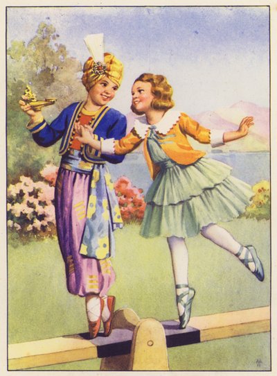 Aladdin och Margery Daw (färglitografi) av English School