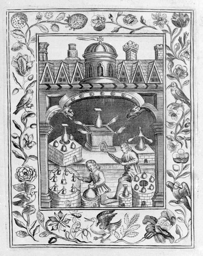 Alkemiskt laboratorium som visar olika former av ugnar och kärl, hämtat från Theatrum Chemicum Britannicum av Elias Ashmole, 1652 av English School