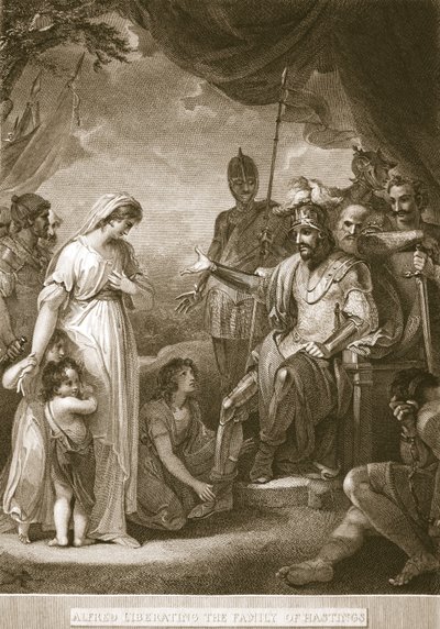 Alfred befriar familjen Hastings, illustration från David Humes The History of England, pub. av R. Bowyer, London, 1812 av English School