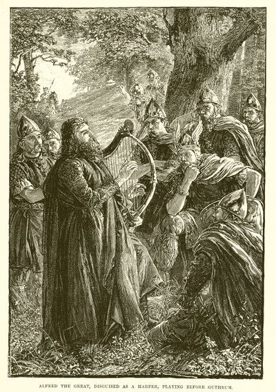 Alfred den store, förklädd till en harpare, spelar före Guthrum av English School