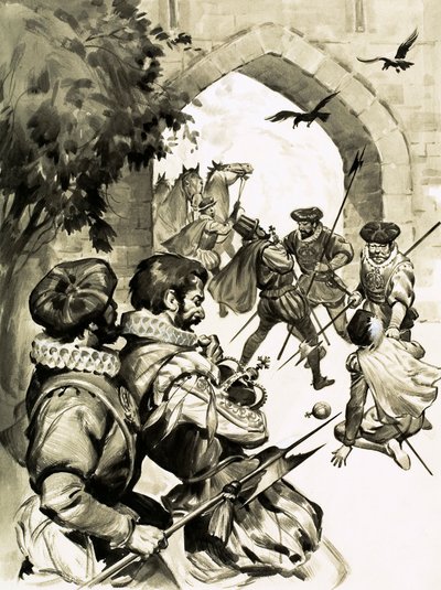 Alla Captain Bloods utarbetade planer på att stjäla Englands krona blev ingenting (gouache på papper) av English School