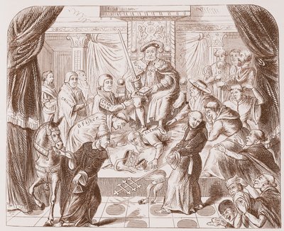 Allegorisk bild av Henrik VIII som trampar på påven Clement, från ett gammalt tryck i British Museum av English School