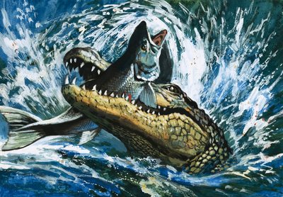 Alligator som äter fisk av English School