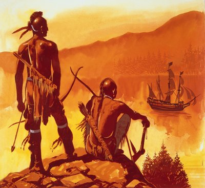 Amerikanska indianer tittar på inkräktarnas skepp av English School