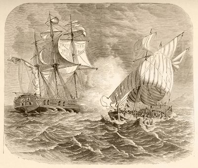 Ett amerikanskt marinfartyg fångar ett algeriskt piratskepp utanför Barbarys kust under det första barbariska kriget (litho) av English School