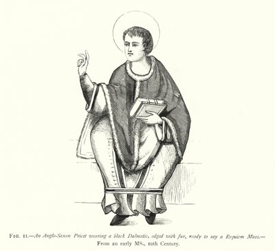 En anglosaxisk präst klädd i en svart Dalmatic, kantad med päls, redo att säga en Requiem-mässa (gravyr) av English School