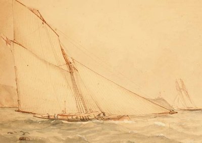En åtta meter Gaff riggad Topsail Cutter, The Royal Yacht Squadron, ca 1860 (akvarell på papper) av English School