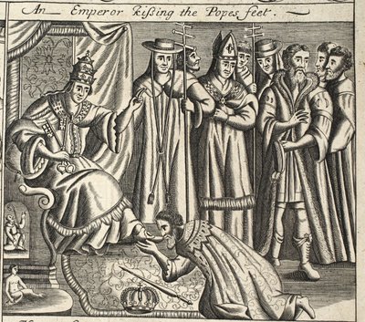 En kejsare som kysser påvens fötter, illustration från Acts and Monuments av John Foxe, nionde upplagan, pub. 1684 av English School