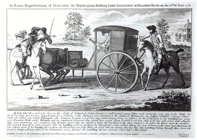 En exakt representation av Maclaine the Highwayman som rånar Lord Eglington på Hounslow Heath den 26 juni 1750 av English School