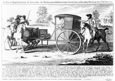 En exakt representation av Maclaine the Highwayman som rånar Lord Eglington på Hounslow Heath den 26 juni 1750, tryck gjord av Charles Mosley, 1750 av English School