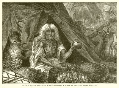 An Old Squaw Pounding Wild Cherries: En scen i Red River Country av English School