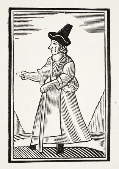 En gammal kvinna som skäller ut i en högkrönad hatt, illustration från 1700-talets kapitelböcker av John Ashton, pub. 1882 av English School