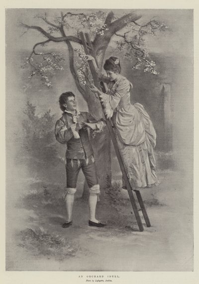 En fruktträdgårdsidyll (litho) av English School