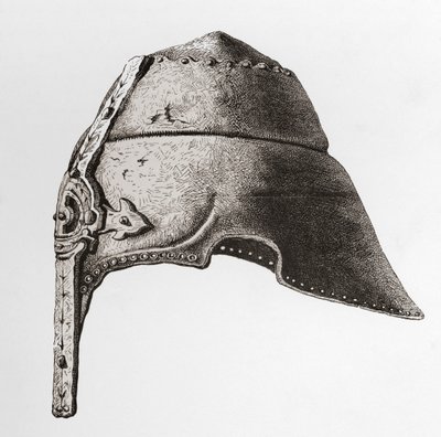 En näshjälm från början av 1100-talet, från The British Army: Its Origins, Progress and Equipment, publicerad 1868. av English School