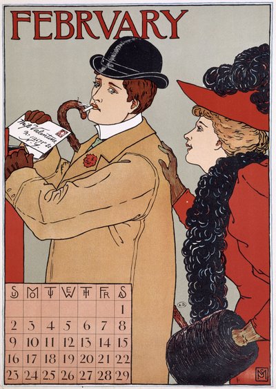 Ett elegant par (man postar ett brev), engelsk kalenderbild, februari månad, n.d. sent 1800-tal. av English School