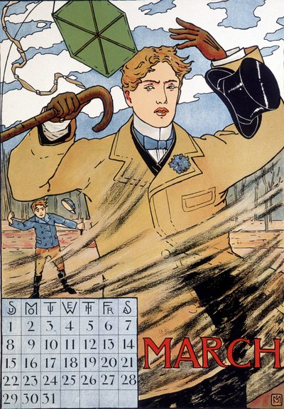 En elegant man som kämpar med vinden - engelsk kalenderbild, mars, sent 1800-tal av English School