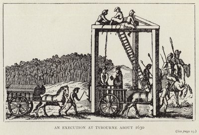 En avrättning i Tybourne omkring 1630 (litografi) av English School