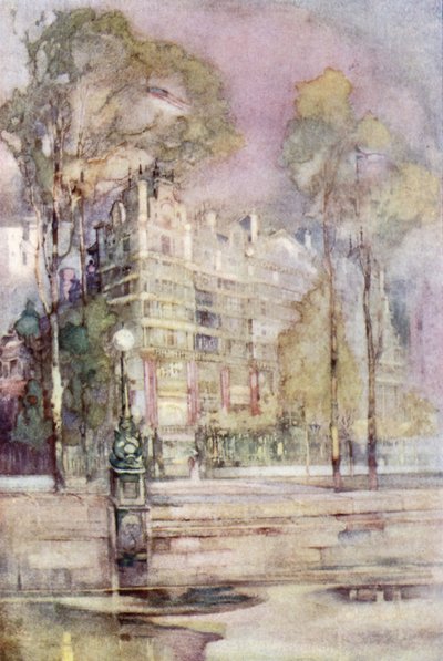 En impressionistisk utsikt över flodens framsida av Savoy Hotel (färg litho) av English School