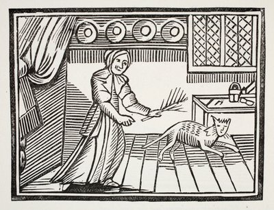 En gammal kvinna som piskar sin katt för att fånga möss på en söndag, illustration från Chap-books of the Arteenth Century av John Ashton, pub. 1882 av English School
