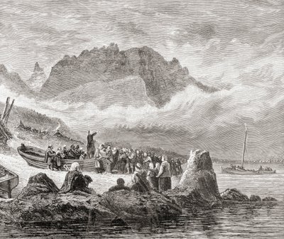En friluftstjänst på Isle of Skye, Inre Hebriderna, från "Scottish Pictures Drawn with Pen and Pencil", av Samuel G. Green, publicerad 1886 av English School