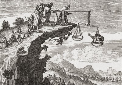 En ovanlig metod att utpressa bekännelser från brottslingar, efter en teckning från 1500-talet av Theodorus de Bry. Scenen visar brottslingen sitta i orättvisans våg medan en präst lutar sig över stupet redo att ta emot sin bekännelse. Presumabl av English School