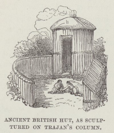 Forntida brittisk hydda, skulpterad på Trajanus kolumn (gravyr) av English School
