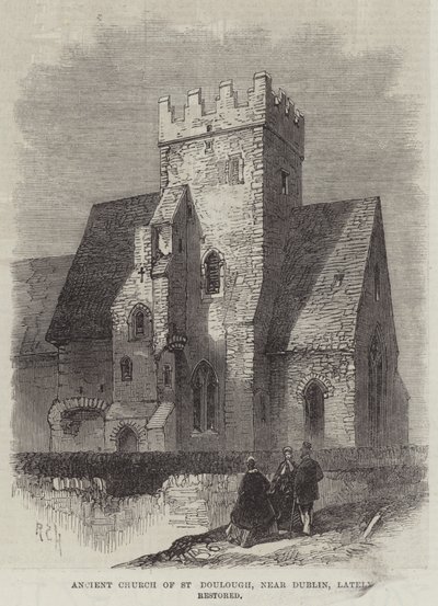 Ancient Church of St Doulough, nära Dublin, nyligen restaurerad (gravyr) av English School