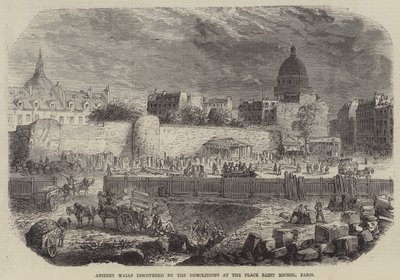Forntida murar upptäckta vid rivningsarbetena på Place Saint Michel i Paris (gravyr) av English School