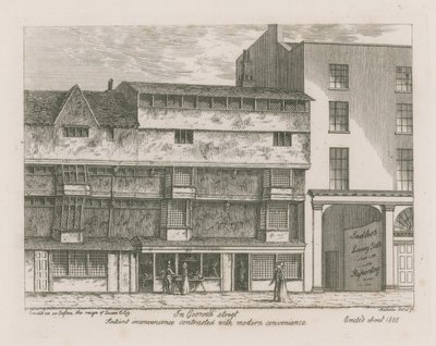 Forntida bekvämlighet kontrasterade med modern bekvämlighet på Gosnell Street, Finsbury av English School