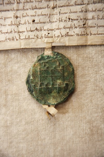 Forntida sigill med en bild av originalslottet, gjord för William de Albini IV, ca 1267 (papper och vax) av English School