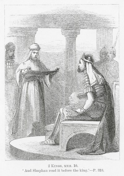 "Och Shaphan läste det inför kungen" (gravyr) av English School