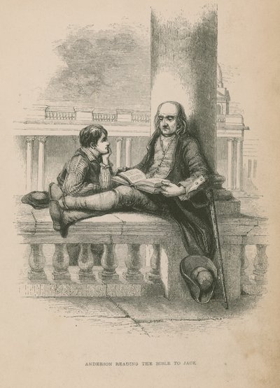 Anderson läser Bibeln för Jack; illustration från Poor Jack av Frederick Marryat av English School