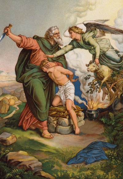 Ängel ingriper för att hindra Abraham från att offra sin son Isaac (chromolitho) av English School