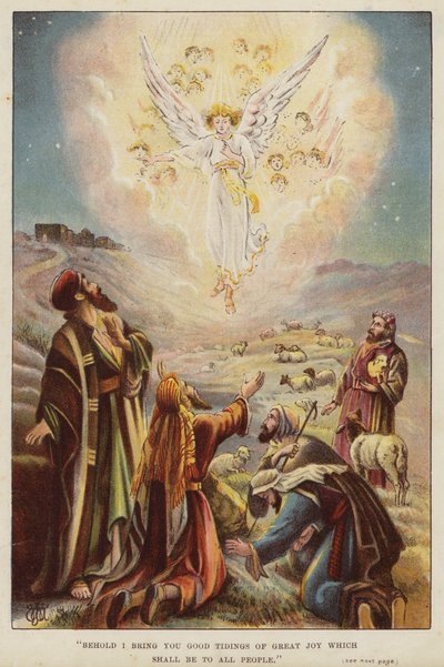 Ängel som berättar för herdarna om Jesu Kristi födelse (chromolitho) av English School