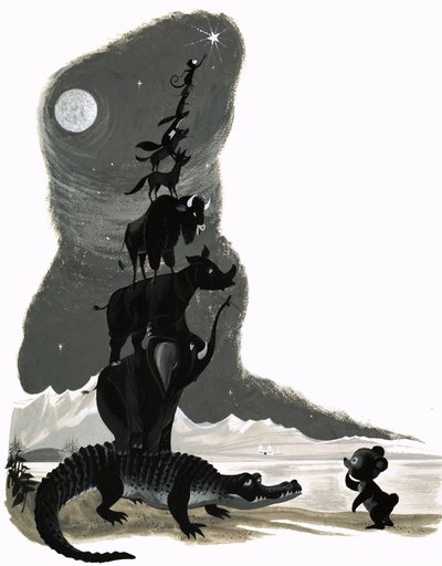 Djur staplade ovanpå varandra (gouache på papper) av English School