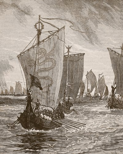 Anlaff kommer in i Humber, illustration från Cassells Illustrated History of England (sepiafoto) av English School