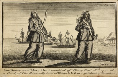 "Ann Bonny och Mary Read dömda för piratkopiering 28 november 1720 vid en domstol för vice amiralitet som hölls vid St. Jago de la Vega på ön Jamaica" av English School