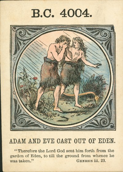 Anno Mundi: BC 4004, Adam och Eva kastas ut ur Eden (färglitografi) av English School