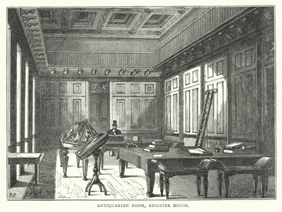 Antikvarisk rum, registerhus (gravyr) av English School