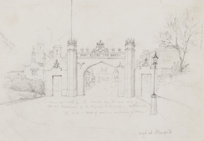 Arch i Stamford, uppförd för att välkomna drottning Victoria och prins Albert på väg till Burghley House (penna på papper) av English School
