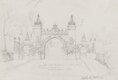 Arch i Wothorp, Cambridgeshire, uppförd för att välkomna drottning Victoria och prins Albert på väg till Burghley House av English School