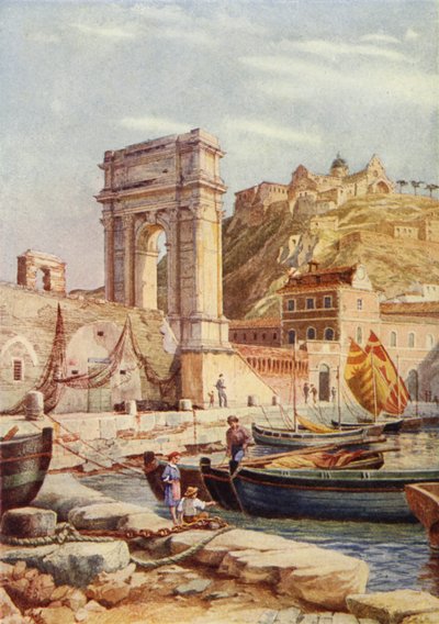 Trajanus båge och hamnen i Ancona, Italien (färg litho) av English School