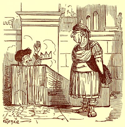 Arkimedes som tar ett varmt bad, illustration från The Comic History of Rome av Gilbert Abbott a Beckett, publicerad ca 1850 (digitalt förbättrad bild) av English School