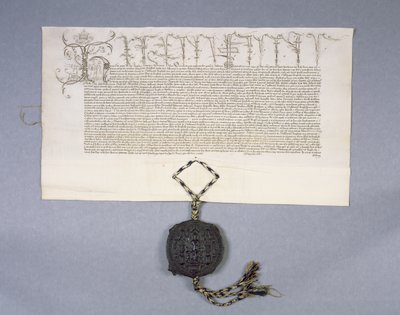 Arkiv 11980: Charterinspelning beviljat av kung Henry VI till New College Oxford av ägorna i Newton Longville, 1441 (bläck på pergament) av English School