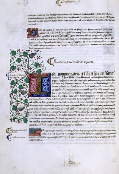Arkiv 9432 f.15v Textblad med illuminerade initialer, från Robert Sherbornes eller Shirburns (ca 1450-1536) biskop av Chichester (pergament) av English School