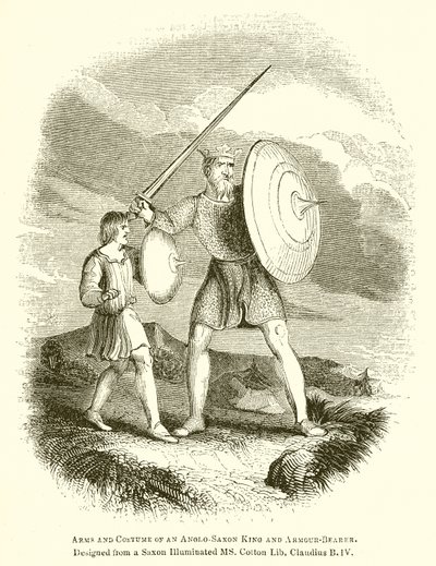 Vapen och dräkt av en anglosaxisk kung och vapendragare av English School
