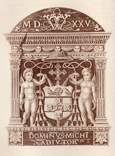 Arms of Cardinal Wolsey i terrakotta vid Hampton Court Palace, från History of Hampton Court Palace i Tudor Times av Ernest Law, publicerad London 1885 av English School